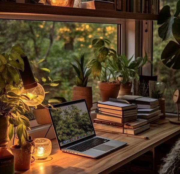 Journal, glasses, and a plant on a cozy desk